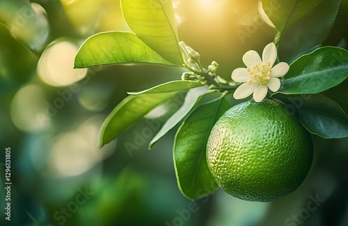Close-up of a lime green fruit on a tree with a flower and leaves, a fresh and healthy food concept, with a blurred background 