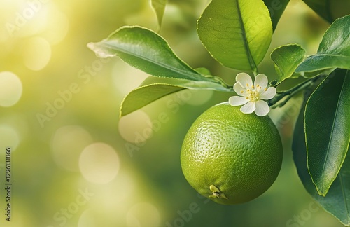 Close-up of a lime green fruit on a tree with a flower and leaves, a fresh and healthy food concept, with a blurred background 