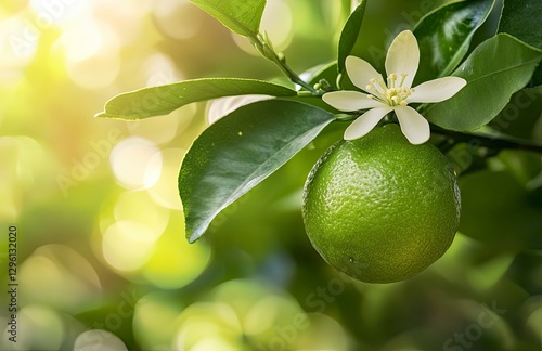 Close-up of a lime green fruit on a tree with a flower and leaves, a fresh and healthy food concept, with a blurred background 