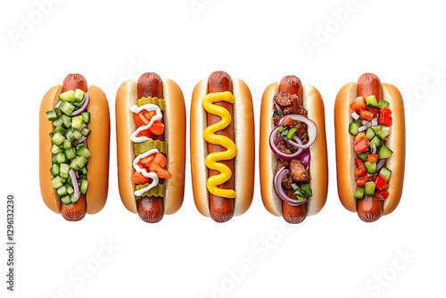 Close-up of hot dogs with toppings, American street food concept, hyper-realistic, isolated on white background	
