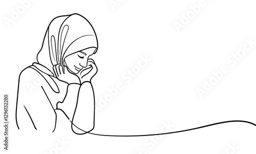 Young muslim woman in burqa, continuous line art drawing. Vector illustration isolated on white background 