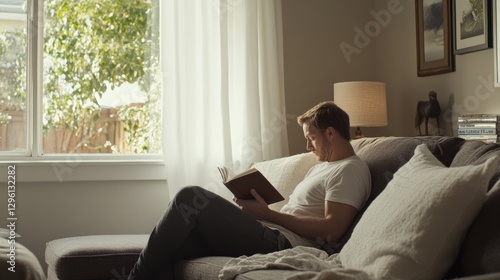 Obraz na płótnie Rare illness patient reading a self-care book at home. Featuring empowerment and self-improvement w salonie