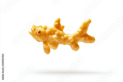 Golden fish shaped snack floating in mid air, isolated on white background, creating playful and whimsical atmosphere