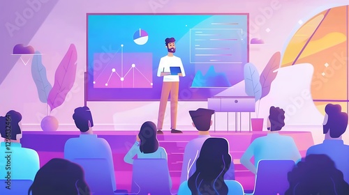 Entrepreneur giving a presentation on a large digital screen, confident posture, vibrant startup environment