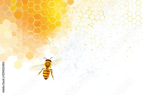 Honey Bee in Artistic Yellow Background with Honeycomb Patterns