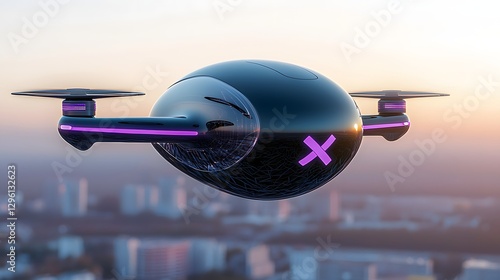 Futuristic Dark Metallic Drone Flying Over City at Sunset photo