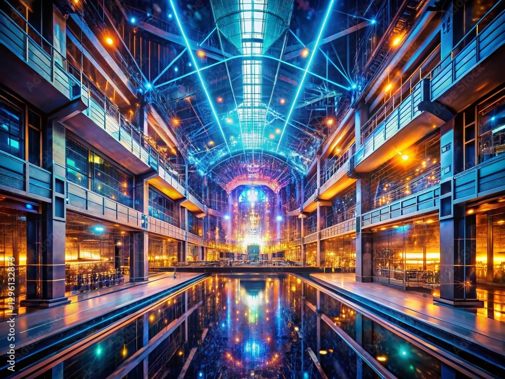Fototapeta premium AI-Generated Architecture: Double Exposure of Futuristic Hall & Circuitry