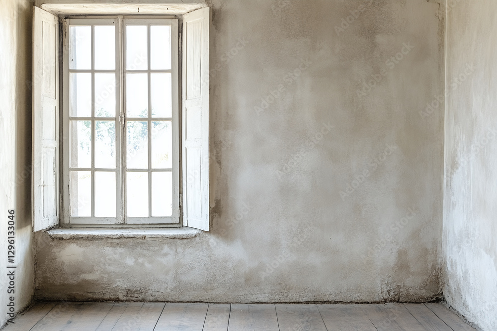 Fototapeta premium bright, empty room featuring large window with white shutters, showcasing hand troweled white plaster wall with faint swirling patterns. serene atmosphere invites creativity and calm