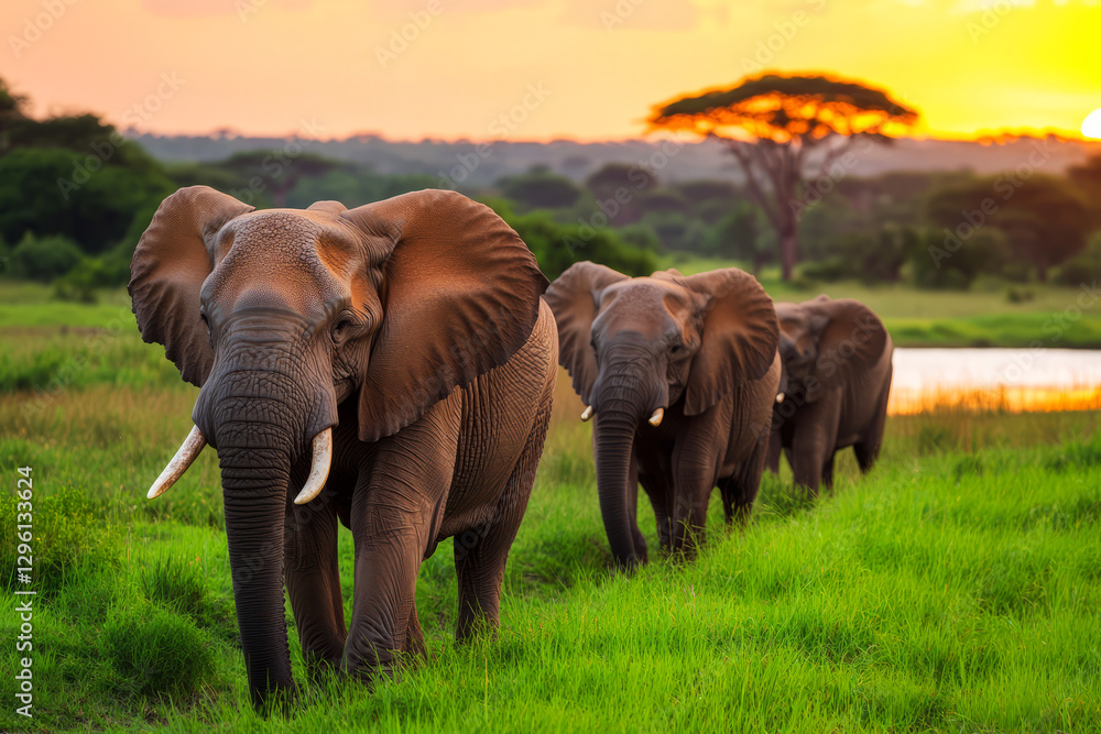 Fototapeta premium Family of Elephants Walking Through Lush Green Grass at Sunrise near a Serene Water Body