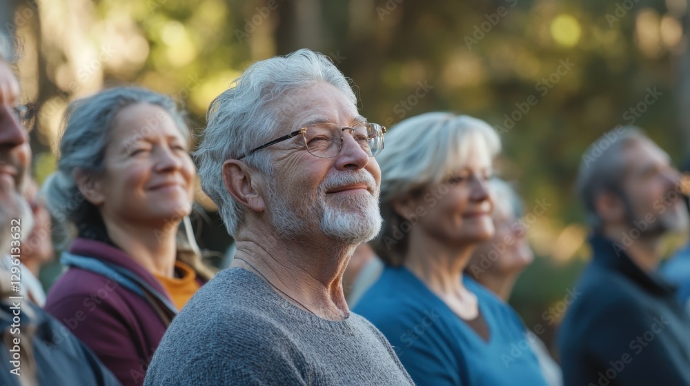 A vibrant tapestry of mature men and women, united by their love of yoga, found solace and strength in a sun-drenched outdoor retreat setting, their faces radiating tranquility and inner peace as A vibrant tapestry of mature men and women, united by their love of yoga, found solace and strength in a sun-drenched outdoor retreat setting, their faces radiating tranquility and inner peace as