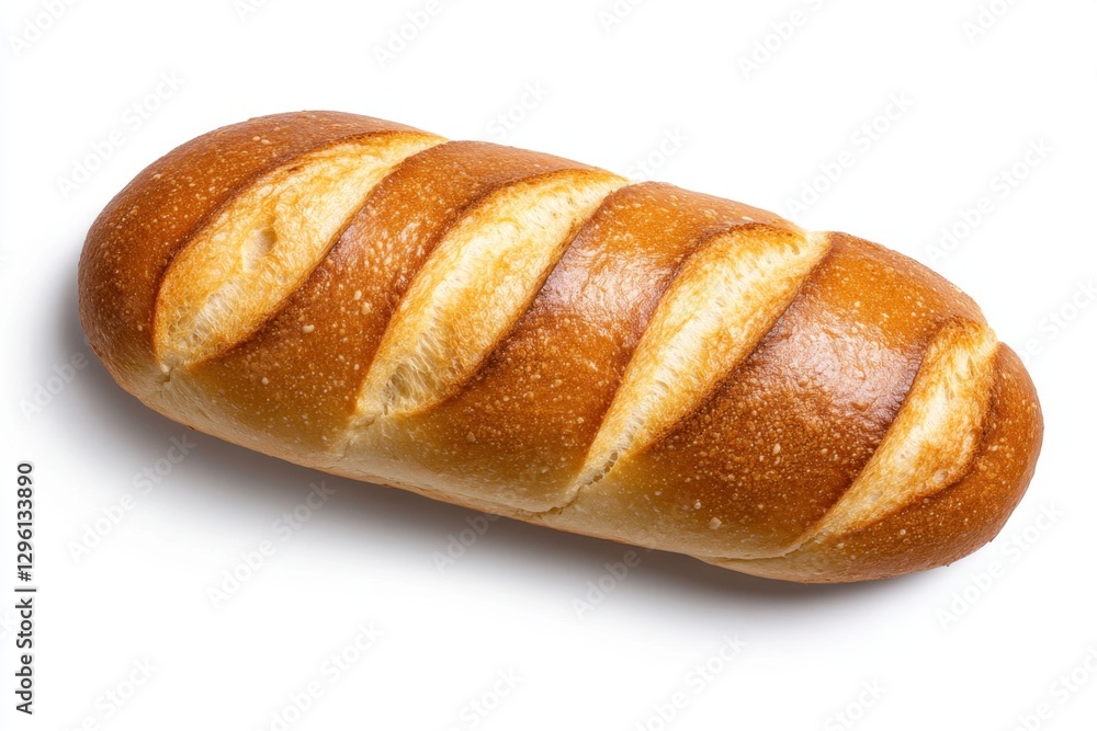 A top-down view of an ultra-realistic, high-resolution image of French bread on a white background with no shadows or reflections. The texture is highly detailed, and the shape looks like real A top-down view of an ultra-realistic, high-resolution image of French bread on a white background with no shadows or reflections. The texture is highly detailed, and the shape looks like real
