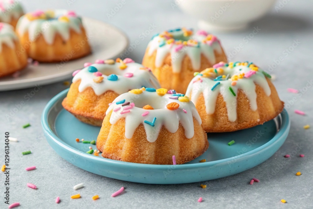 Close-up of small cakes with sprinkles of different colors on a blue plate Close-up of small cakes with sprinkles of different colors on a blue plate