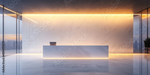 Modern marble reception desk in a contemporary office with city views and warm lighting.