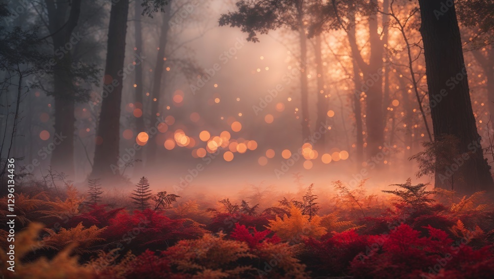 Fototapeta premium Misty forest with vibrant foliage and glowing lights during twilight