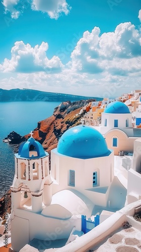 A panoramic shot of Santorini s iconic white-washed buildings and blue domes, Travel destinations, Photography, Bright and serene photo