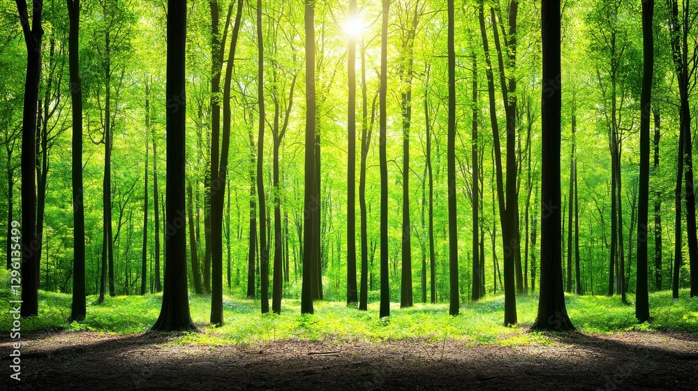 Obraz premium A serene forest scene with tall trees bathed in sunlight, creating a peaceful atmosphere amidst lush green foliage.