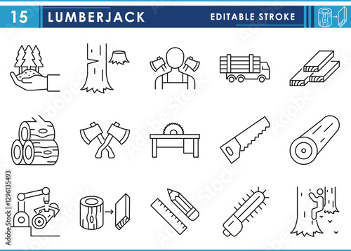 A set of line icons related to Lumberjack. Lumber, wood, furniture, chopping, tools, chainsaw, and so on. Vector editable stroke.