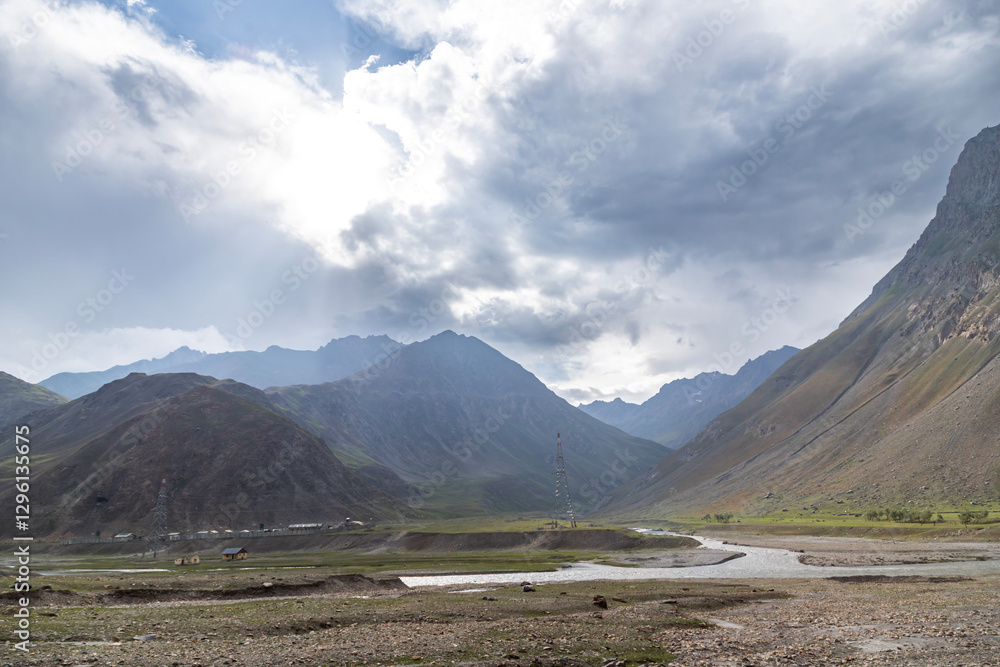 Fototapeta premium Himalayan mountain view at Mughalpura with the Drass River in Ladakh. It is on NH 1 near the Mina Marg Check Post in the union territory of Ladakh in India.