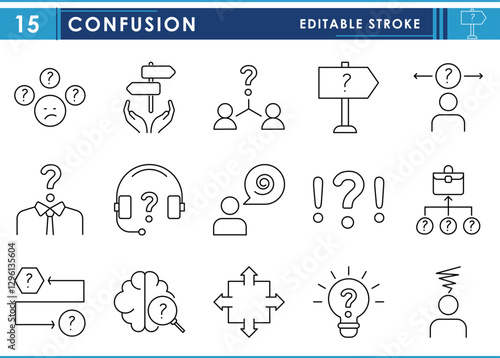 A set of line icons related to Confusion. Confuse, question, career, decide, forget, option, choose, and so on. Vector editable stroke.