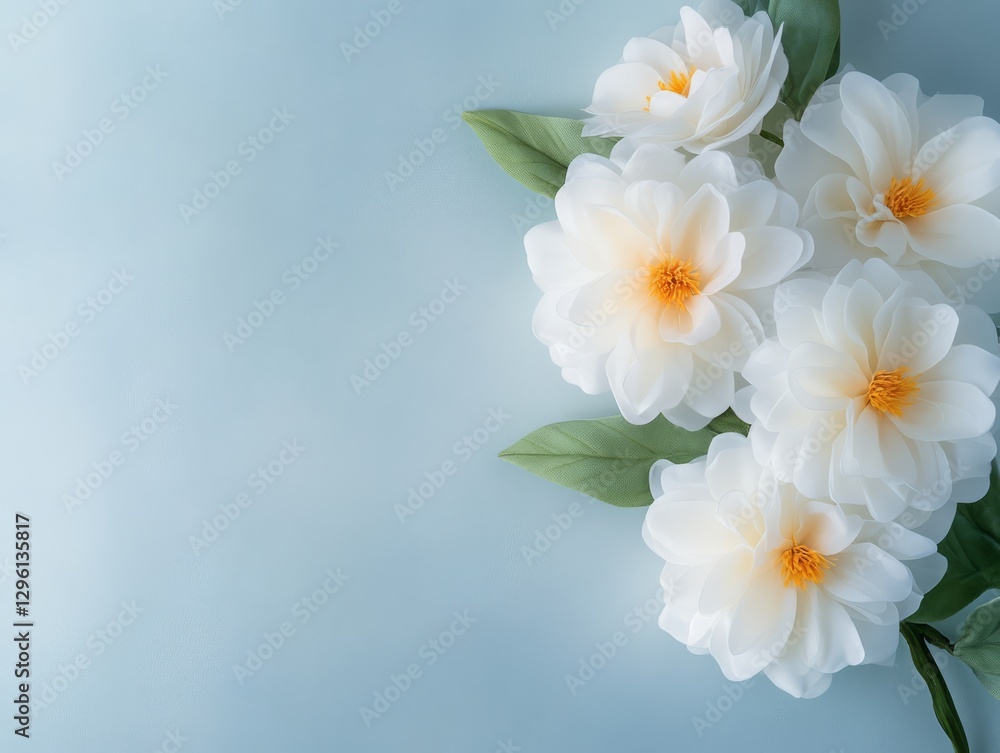 Fototapeta premium Elegant White Flowers with Soft Petals and Bright Centers on Light Blue Background
