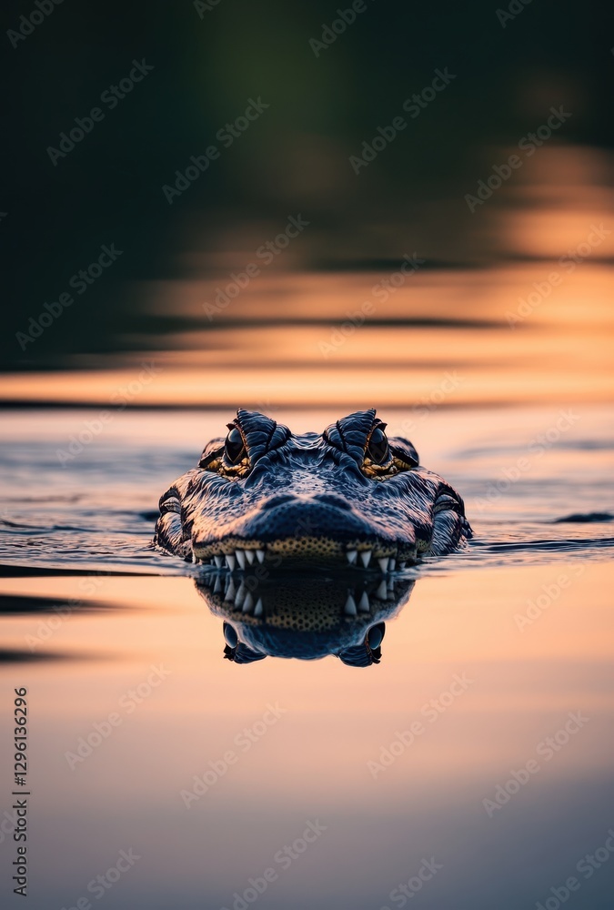 Obraz premium Majestic Crocodile Swimming Gracefully in Calm Waters at Sunset, Capturing Nature's Beauty and Raw Wildlife Essence