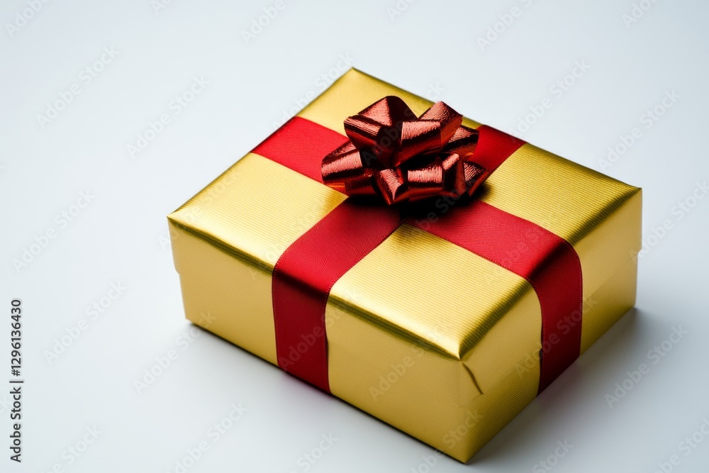 Obraz premium A golden gift box with a red ribbon, white background, high resolution, no shadows, no text, no realistic photo details, high definition, high quality, high detail, high sharpness, high contrast,