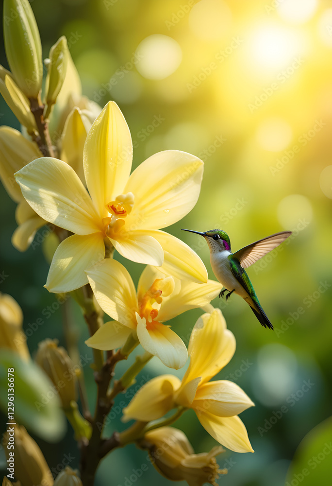vanilla flowers with working Mexican hummingbird . perfume and cooking concept. Ai generated