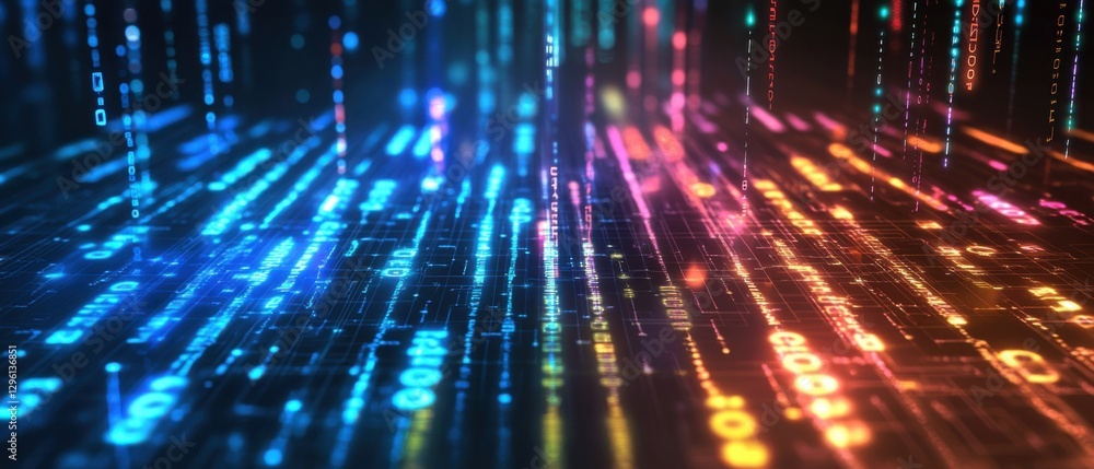 Abstract digital binary code background with glowing blue and orange data stream, concept of artificial intelligence, big data, and cybersecurity Abstract digital binary code background with glowing blue and orange data stream, concept of artificial intelligence, big data, and cybersecurity