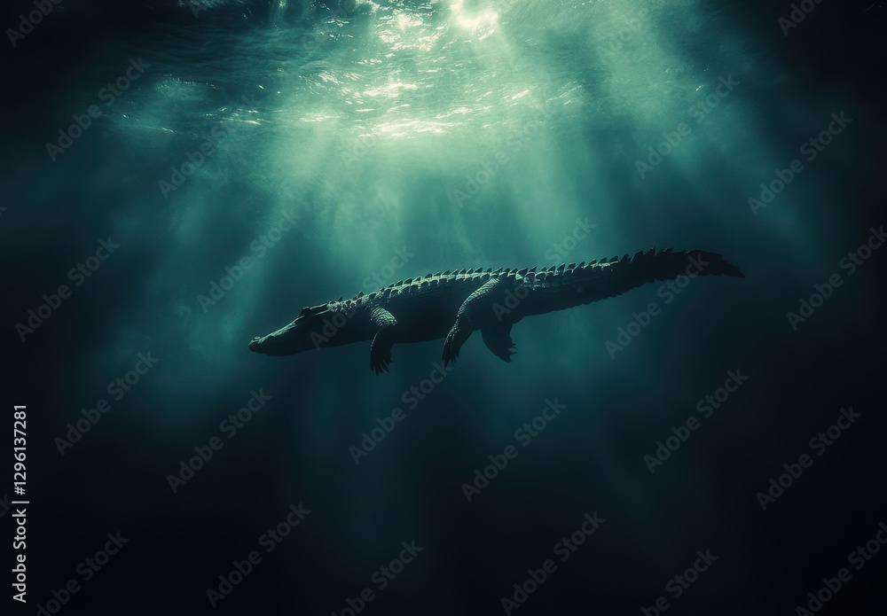 Fototapeta premium Majestic Crocodile Swimming Gracefully Underwater in Mysterious Light with Dark Tones and Serene Atmosphere