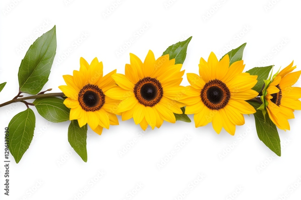 Obraz premium A horizontal sunflower garland on a white background, in PNG format, ultra-realistic photography