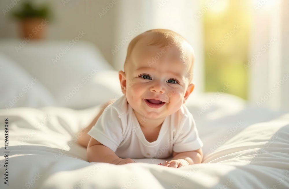 Baby development, cute and smiling baby on bed. Adorable, balance, with happy newborn baby learning to crawl in apartment bedroom Baby development, cute and smiling baby on bed. Adorable, balance, with happy newborn baby learning to crawl in apartment bedroom