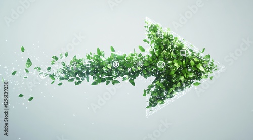 Green arrow made of lush leaves symbolizing eco-friendly growth, sustainability, and technology in the digital era.