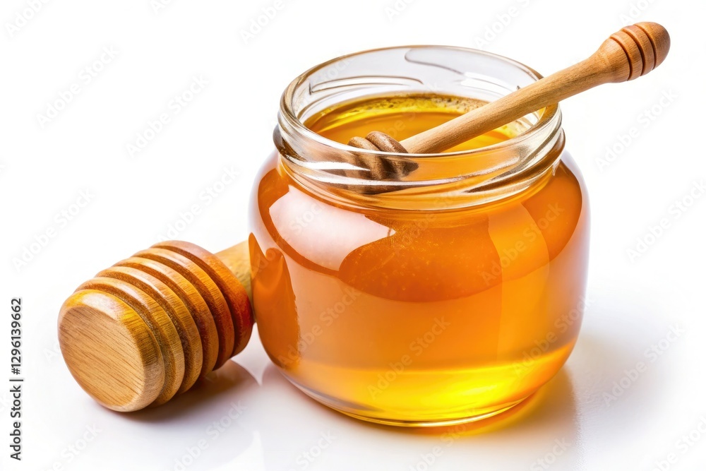 A glass jar overflows with luscious golden honey; a dipper rests invitingly, a sweet still life. A glass jar overflows with luscious golden honey; a dipper rests invitingly, a sweet still life.