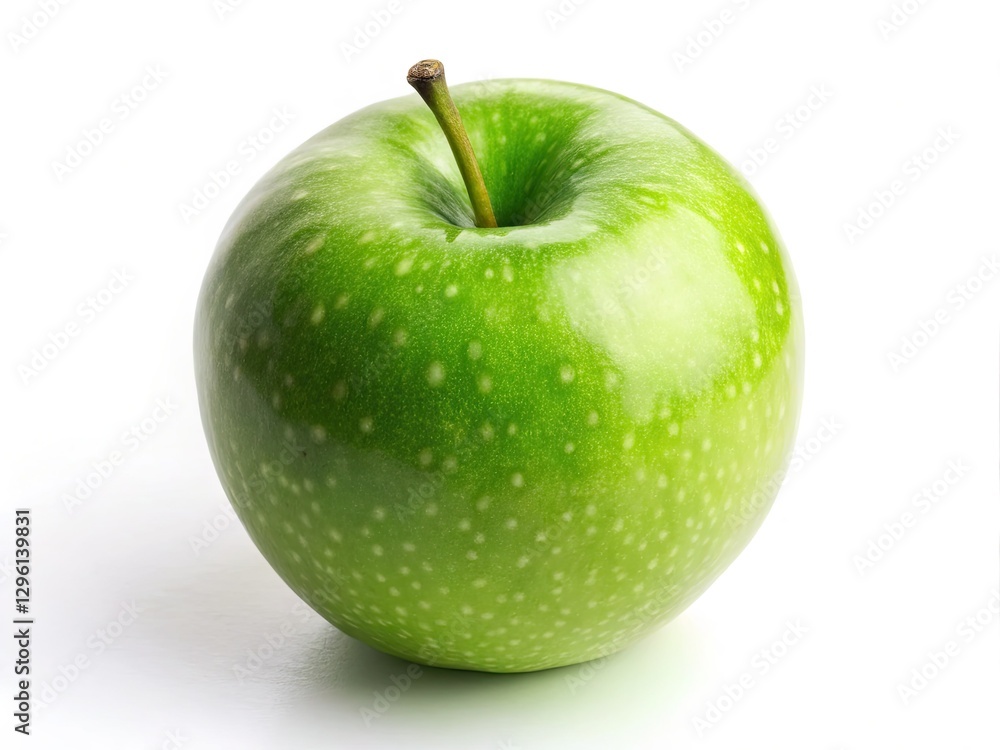 A miniature green apple, tilted, isolated on white, captures fresh fruit's charm in a whimsical tilt-shift photo. A miniature green apple, tilted, isolated on white, captures fresh fruit's charm in a whimsical tilt-shift photo.