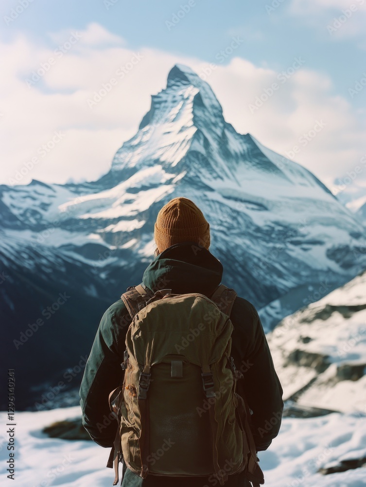 Traveler in winter gear facing iconic peak with backpack. Traveler in winter gear facing iconic peak with backpack.