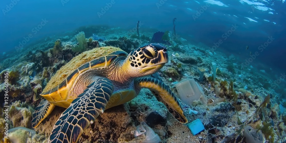 Obraz premium Underwater view of sea turtle surrounded by coral reefs.