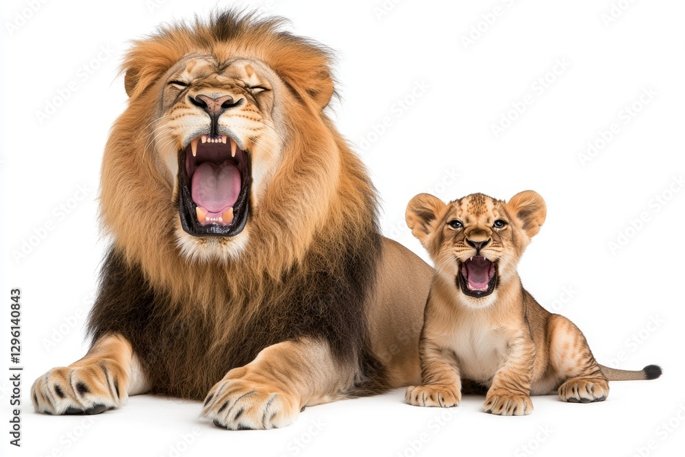 Fototapeta premium A lion and its cub sitting together, both with mouths open, roaring, isolated on a white background, high-resolution photography
