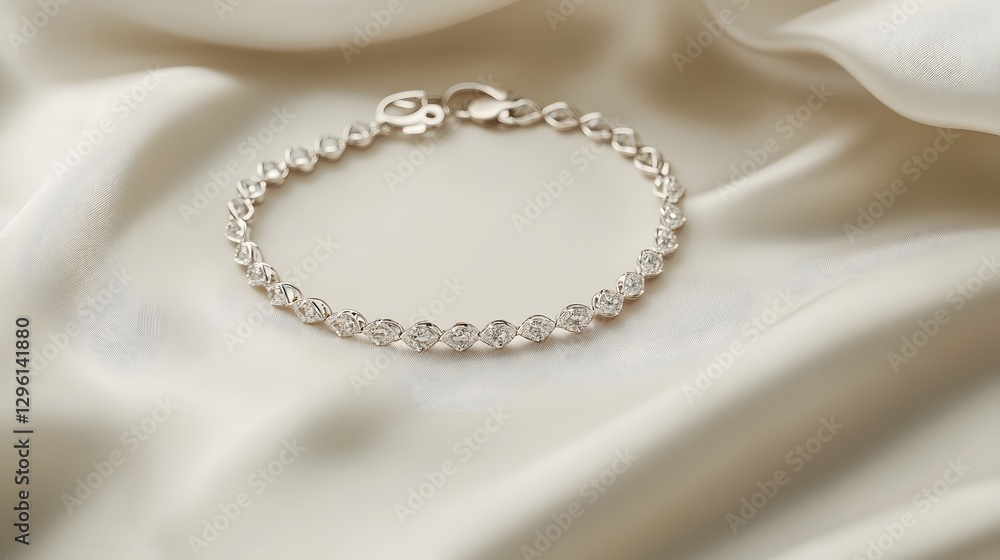 A delicate diamond bracelet with a sleek design, laid out on a white fabric background A delicate diamond bracelet with a sleek design, laid out on a white fabric background