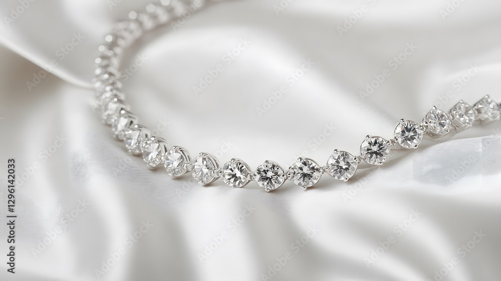 A delicate diamond bracelet with a sleek design, laid out on a white fabric background A delicate diamond bracelet with a sleek design, laid out on a white fabric background