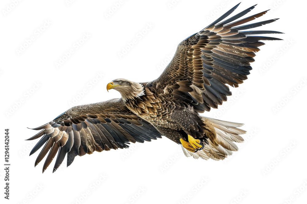 Fototapeta premium Soaring Eagle: A majestic eagle in flight against a bright sky. Showcasing power, freedom, and the beauty of nature