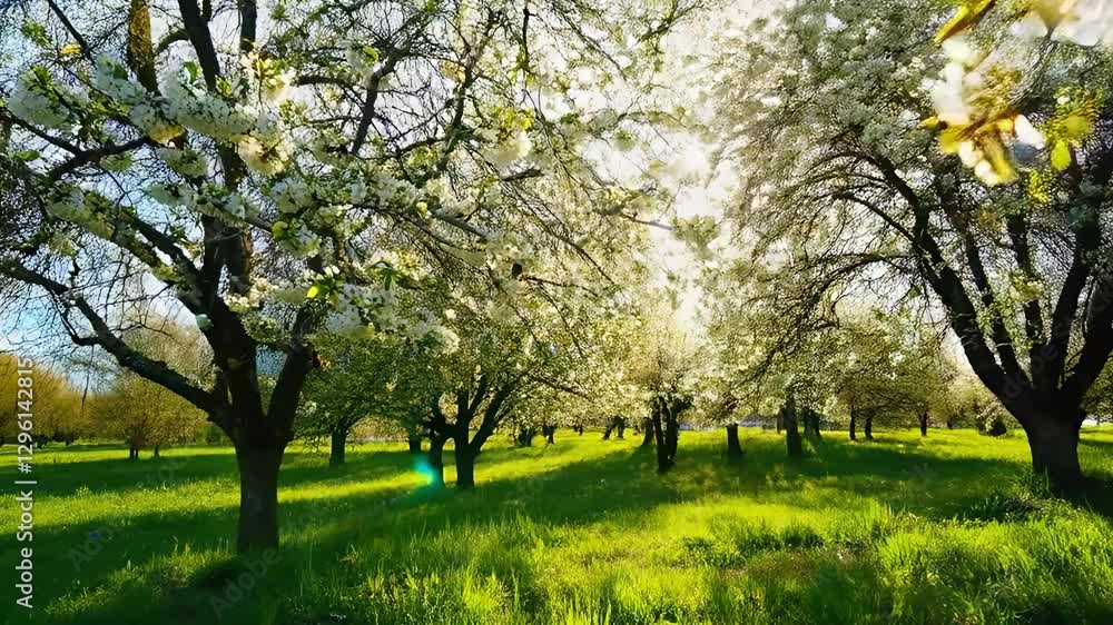 Sun Shine Through White Flowers On Branches. Spring Season. Tree Blossom Natural Background In Broad Daylight With Sun Highlight Sun Shine Through White Flowers On Branches. Spring Season. Tree Blossom Natural Background In Broad Daylight With Sun Highlight