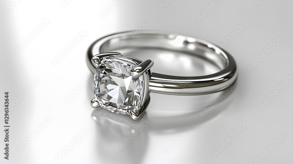 A beautiful white gold engagement ring with a cushion-cut diamond, displayed on a white background A beautiful white gold engagement ring with a cushion-cut diamond, displayed on a white background