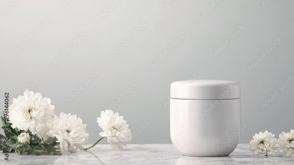 Minimalist funeral service. Minimalistic white jar with flowers on a marble surface. Minimalist funeral service. Minimalistic white jar with flowers on a marble surface.