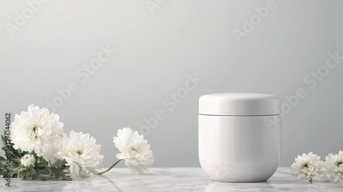 Minimalist funeral service. Minimalistic white jar with flowers on a marble surface.