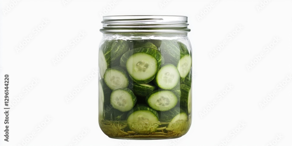 Jar of freshly made cucumber pickles with a green dill brine, set against a clean white background for easy visibility. Jar of freshly made cucumber pickles with a green dill brine, set against a clean white background for easy visibility.