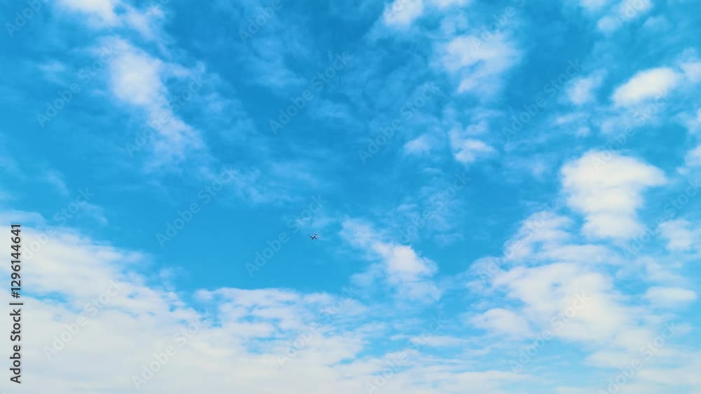 A serene view of the vast blue sky over China, with a small airplane dot flying through the clouds, capturing a peaceful moment in the sky. Concept of air transportation and traveling. A serene view of the vast blue sky over China, with a small airplane dot flying through the clouds, capturing a peaceful moment in the sky. Concept of air transportation and traveling.