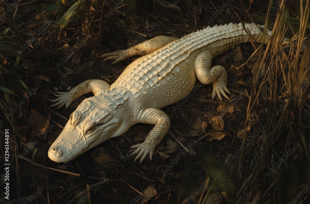 Obraz premium Majestic White Alligator Laying in Natural Habitat Surrounded by Greenery and Fallen Leaves at Sunrise in a Serene Marshland Environment