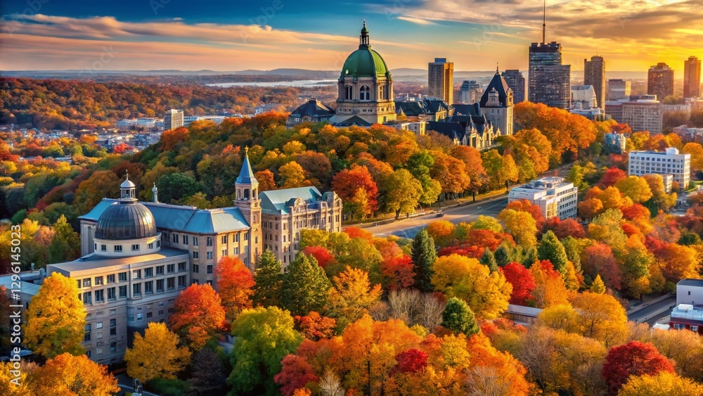 Fototapeta premium Autumnal Majesty: Golden Trees at Mount Royal Park, Montreal