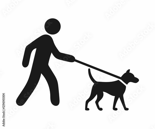 Simple illustration of a person walking a dog on a leash.