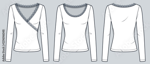 Women Long Sleeve Top Technical Fashion Illustration. Lace Trim Blouse fashion flat technical drawing template, scoop neck, wrap, slim fit, front and back view, white, women CAD mockup set.